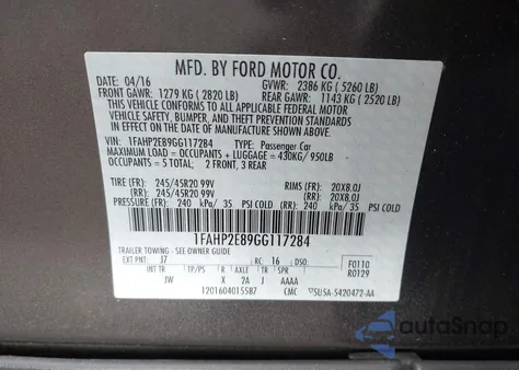 2016 Ford Taurus Sel из США, поврежденный, VIN 1FAHP2E89GG117284